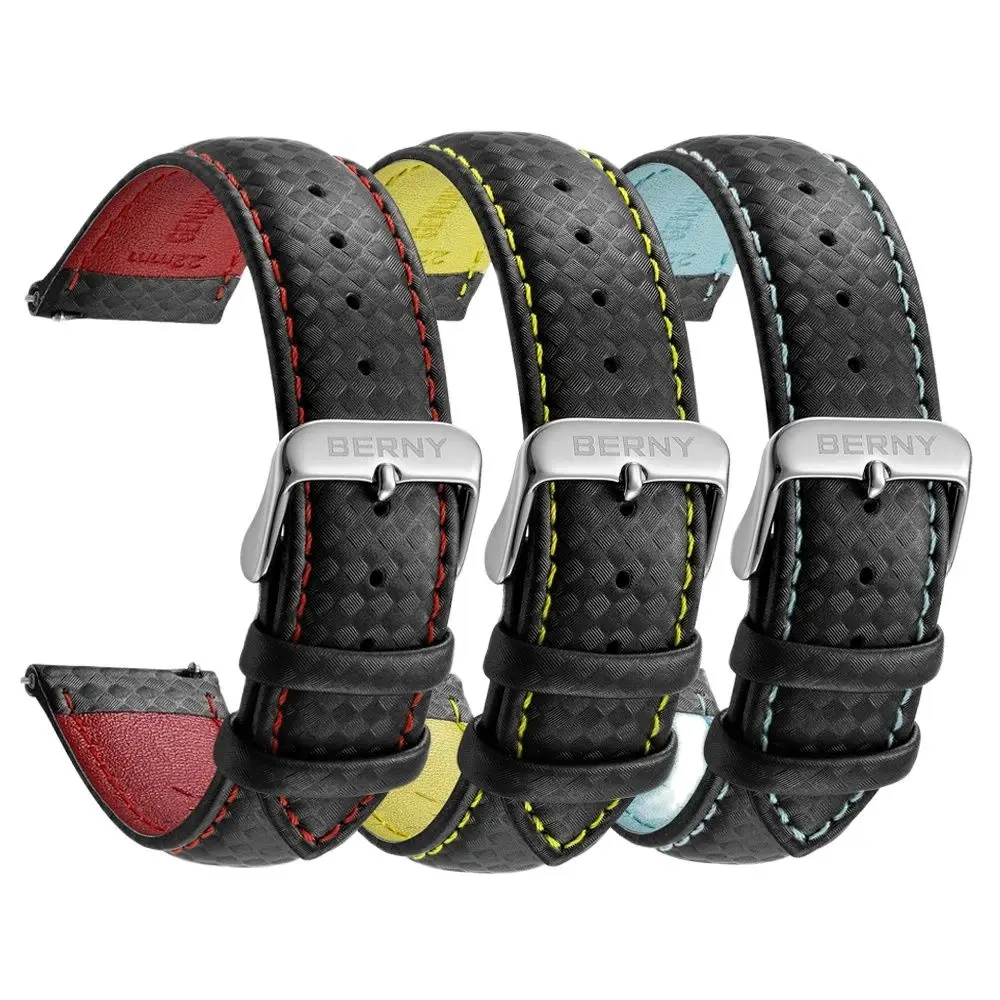 BERNY Genuine Leather Bracelet Carbon Fiber Grain Watchband 20/22mm Watch Bands Quick release watch strap Carbon Fiber Pattern