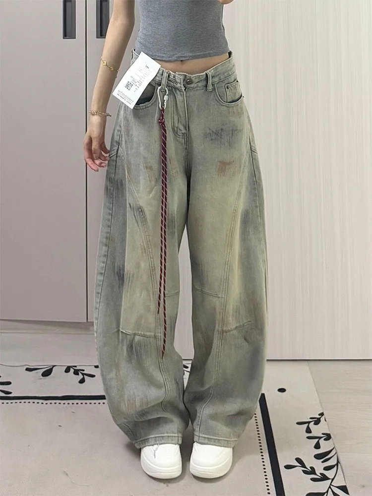 

High Waist American Design Dyed Rope Women's Jeans Autumn Loose Straight Leg Wide Leg Pants Casual Wear Denim Fabric