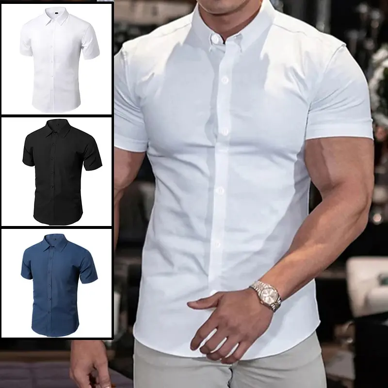 Solid Color Shirt New Summer Men\'s No-Ironing Shows Figure Casual Stylish Suit Short XL-XXXL Black White Navy Blue