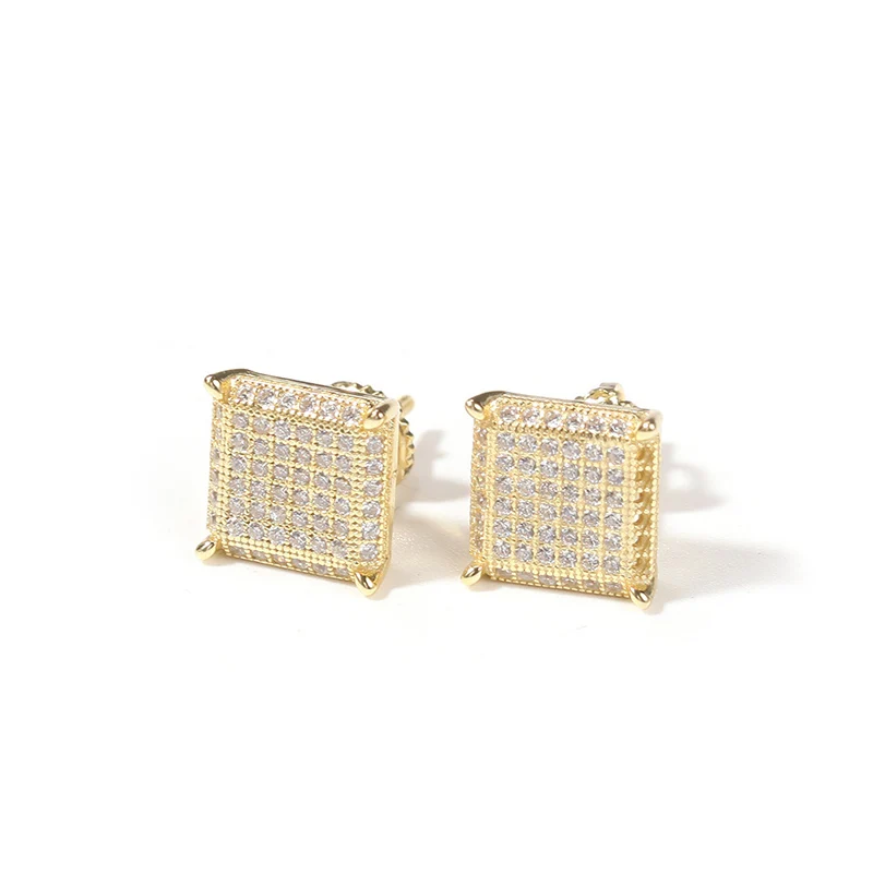 1Pair S925 Sterling Silver Square Stud Earrings 8 Rows AAA CZ Stone Set Bling Ice Out Hip Hop Earrings for Men Rapper Jewelry