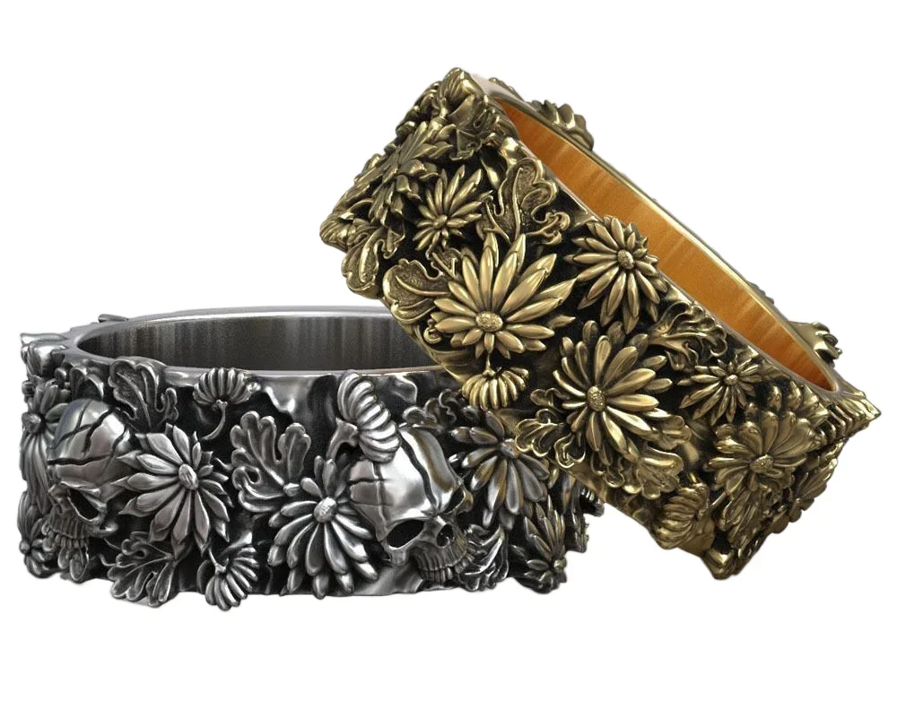 

13g Japanese Skull Flower Autumn Traditional Ornament Band Art Relief Gold Ring Customized 925 Solid Sterling Silver Many Sizes