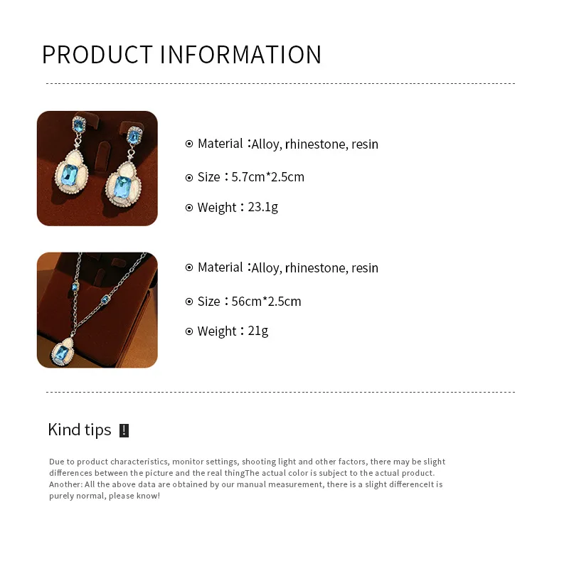 3pcs Elegant Vintage Jewelry Set for Women Elliptical Flower Necklace Shiny Crystal Choker Bridal Wedding Blue Earrings Party