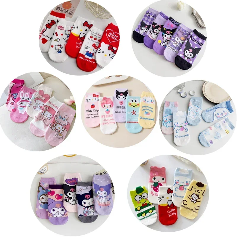 5 pares divertidos Sanrio Melody Hello Kitty Kuromi calcetines cortos dibujos animados Harajuku estampado de Anime Kawaii algodón mujer niño calcetines de barco