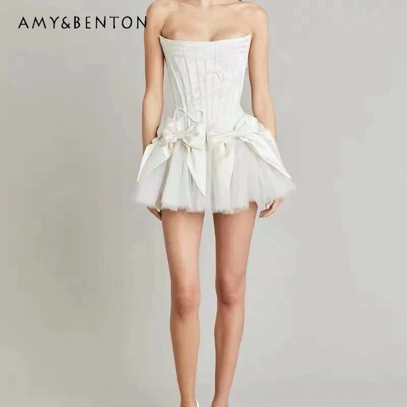 

New Women's Tube Top Dress Summer Bow Lace Mesh Fluffy Shorts Black Splicing High Waist Zipper Skinny Temperament Dresses Ladies