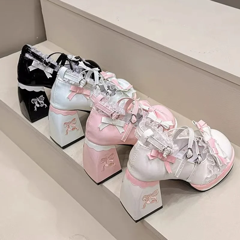 Sweet Plus Size High Heels Lolita Shoes Women's Lace Bow Jk Single Shoes Lo Shoes Girl Mary Jane Leather Shoes
