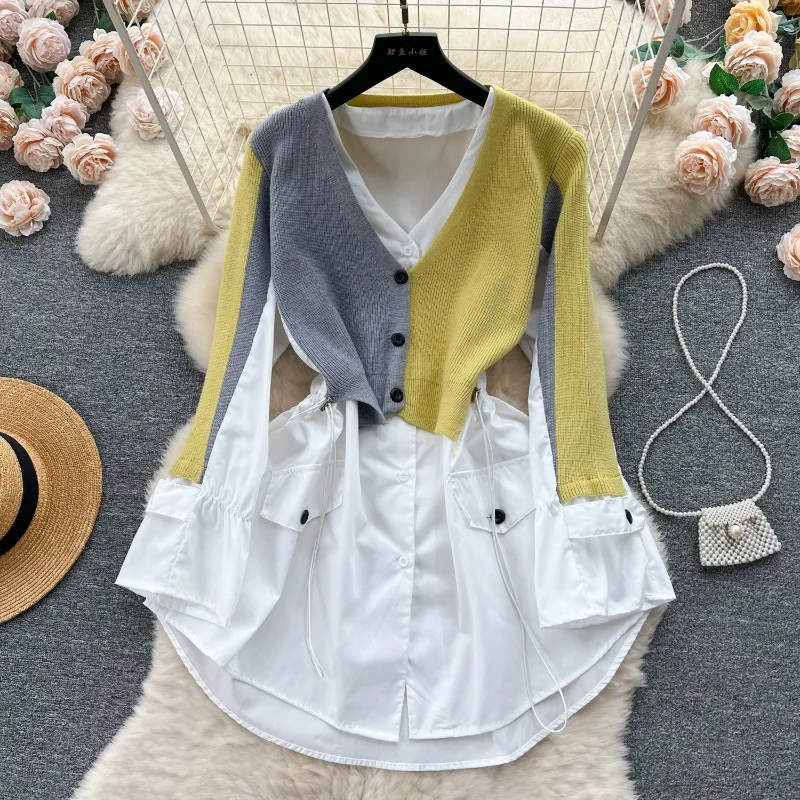 Leisure V Neck Tshirts Loose Lazy Casual Tops Niche Fake Two-Piece Contrasting Color Knitted Patchwork Buttons Shirt Long Sleeve