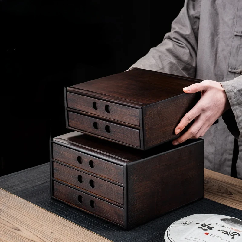 Bamboo Pu'er Tea Storage Boxes  MultiLayer Separator Cut Tea Tray with Kung Fu Tea Set Ceremony Accessories Food Storage Drawer
