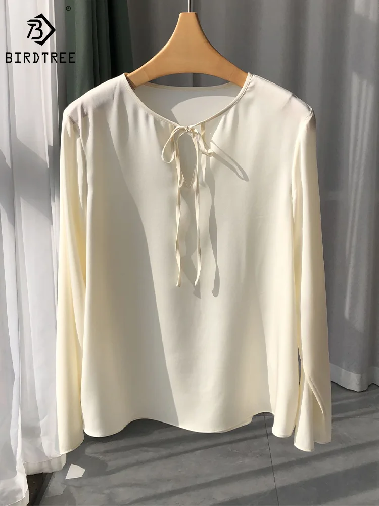 

BirdTree, Women Silky Blouse, 19.5MM 92.3%Real Silk, Solid Chic Shirts, 2024 Spring Summer Office Lady Top, Cream White T42935QM