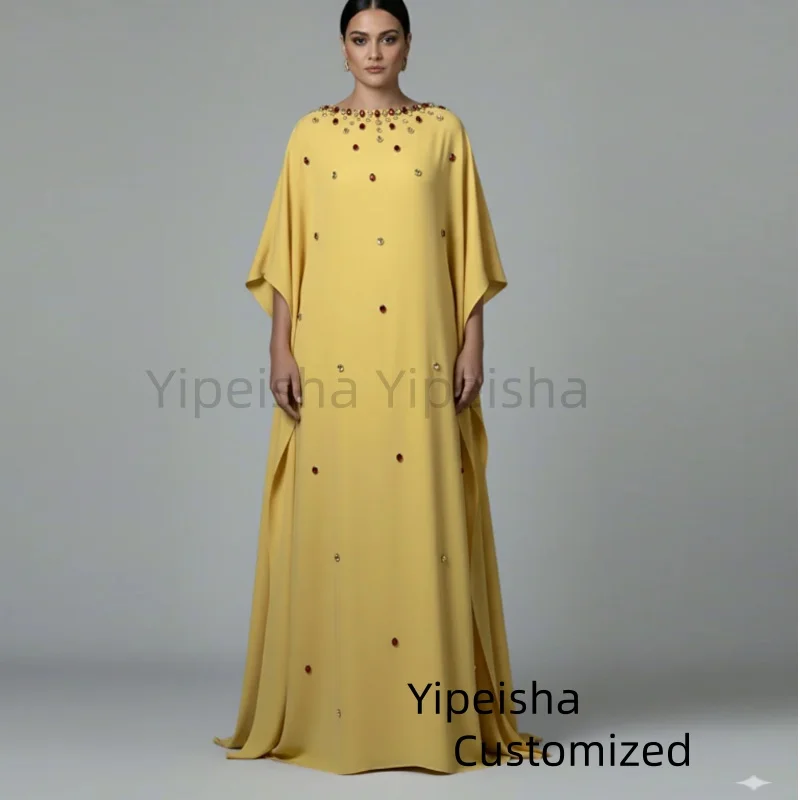 

Customized O-Neck Satin Short Sleeves Crepe Plus Size Prom Dresses Evening Dress Women Evening Gowns Formal Party Dress