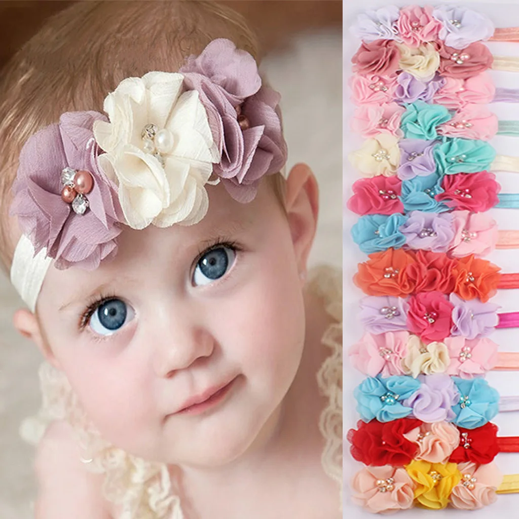 13 Colors Baby Supplies 3 Chiffon Beads Headband Cute Headband Soft and Elastic Girl Baby Newborn Headband Accessories