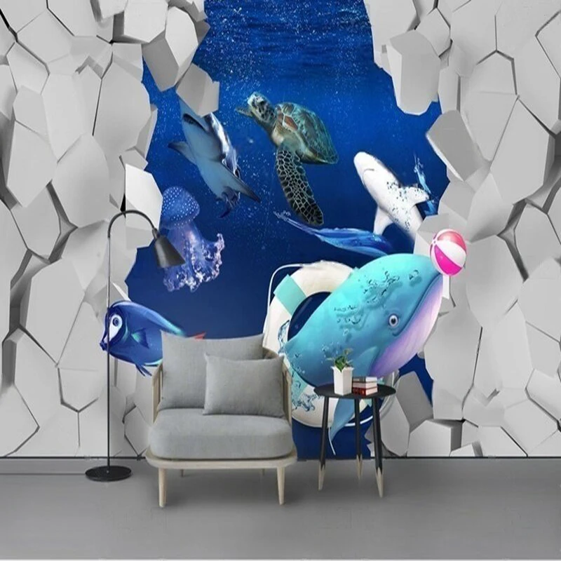 Modern 3D stereoscopic dolphin swimming fish children's room wallpaper TV luxury home decoration bedroom background wall