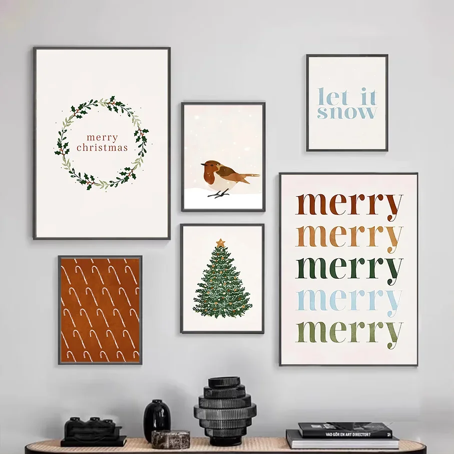 Frameless Canvas Print Christmas Wall Art  , Merry Wreath Robin Let It Snow Tree Candy Canes Poster Decor