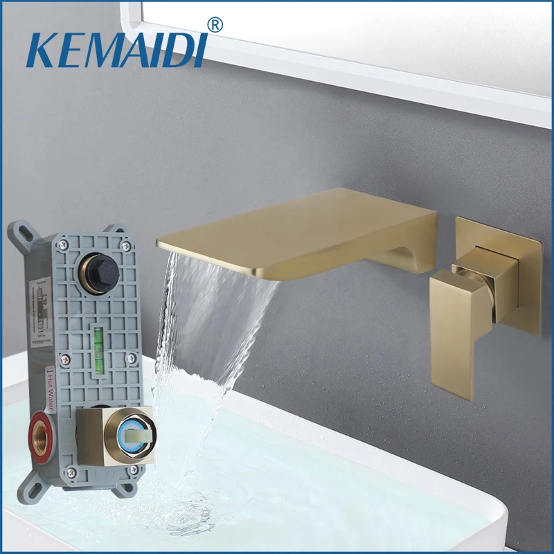 

KEMAIDI Brushed Gold Bathroom Sink Faucet Embedded Box Valve Bathtub Waterfall Mixer Tap Wall Mounted Hot Cold Water Crane