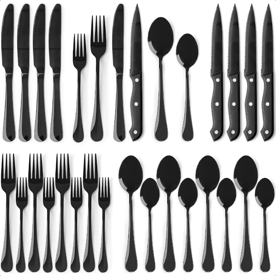

Черный набор Sierware из 24 предметов с ножами для стейка, набор столовых приборов для 4 столовых приборов из пищевой нержавеющей стали, набор столовых приборов с зеркальной полировкой