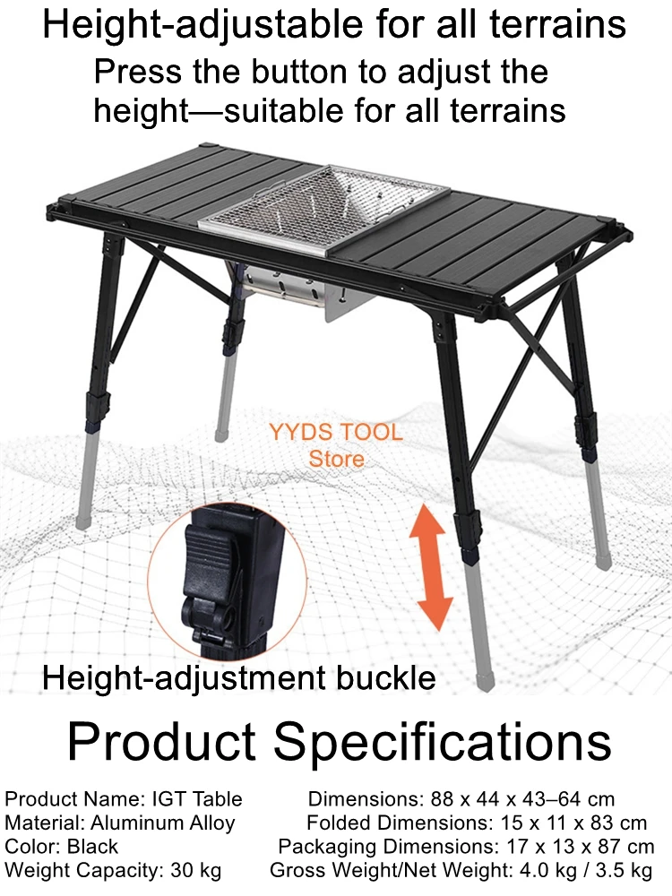 

Outdoor Camping Aluminum Alloy Folding Table, Barbecue Table, Height-Adjustable IGT Table, Portable Kitchen, Picnic Table