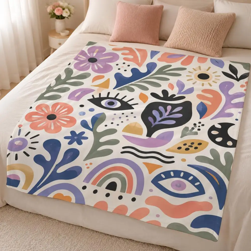 Boho Evil Eye Floral Mystic Botanical Pattern Throw 320g Soft Flannel Fleece Throw Blanket Cover Sofa Bed Dorm Nap