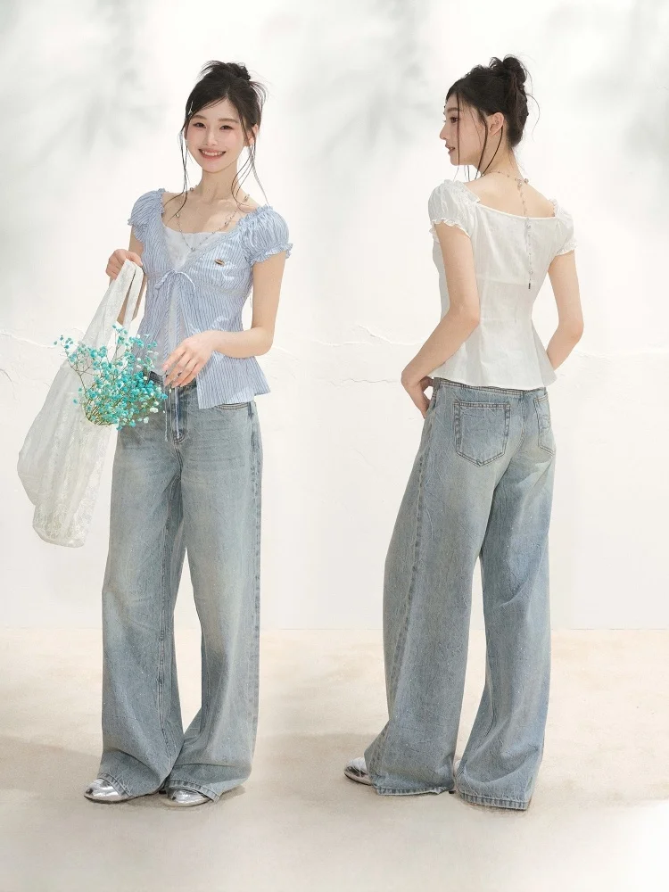 

ELEVEN SP Straight Leg Skinny Jeans Summer Korean Style Women's Loose High Waist Wide Leg Pants Glitter Thin Denim Skinnies