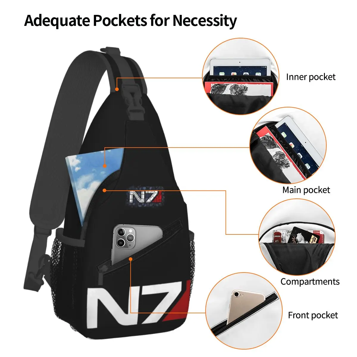 Mass Effect N7 Small Sling Bags Chest Crossbody Shoulder Backpack Travel Hiking Daypacks Casual Pack