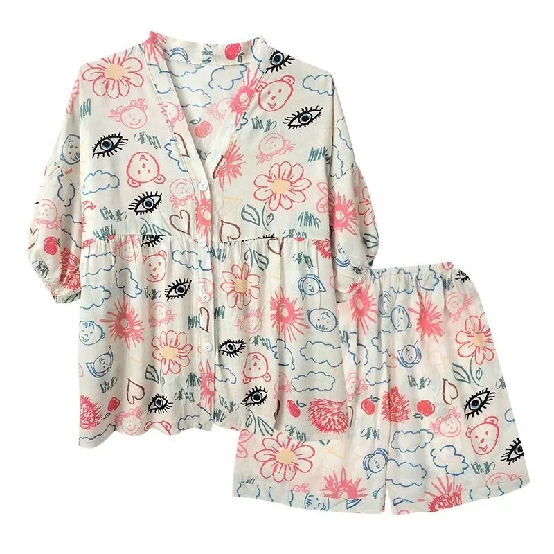 Conjunto de pijama feminino solto de manga curta, roupa espreguiçadeira floral japonesa, doce roupa de casa, shorts finos, frescos, estudantes, coreano, verão