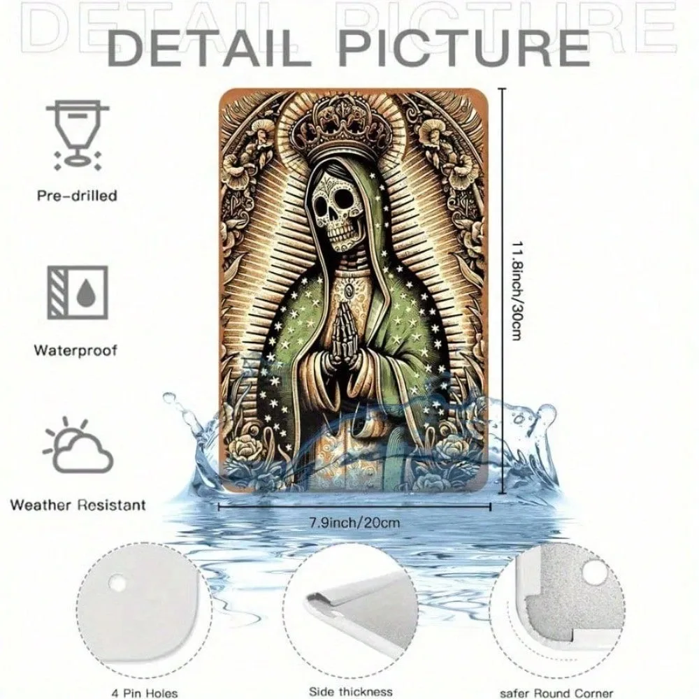 Santa Muerte Our Lady of the Holy Death Vintage Metal Tin Sign, Retro Mexican Folk Art Style Ornate Floral Day of the Dead Wall