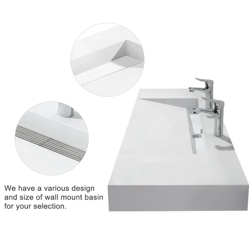 Low price Made in China White Trough Bathroom Wall Mount Acrylic Wash Hand Basin Sink Composite Resin Moder