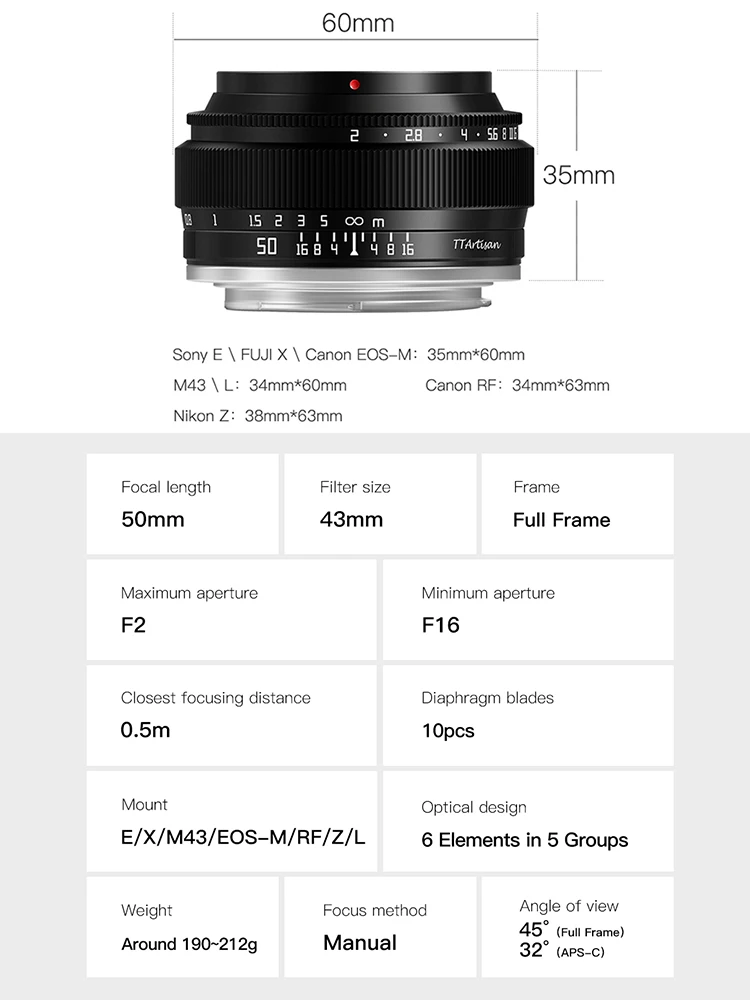 TTArtisan 50mm F2 Full Frame Standard Prime Lens For Fujifilm XF Sony E Leica L Nikon Z Canon RF M43 Mount Lens ZVE10 ZFC XT3 A7