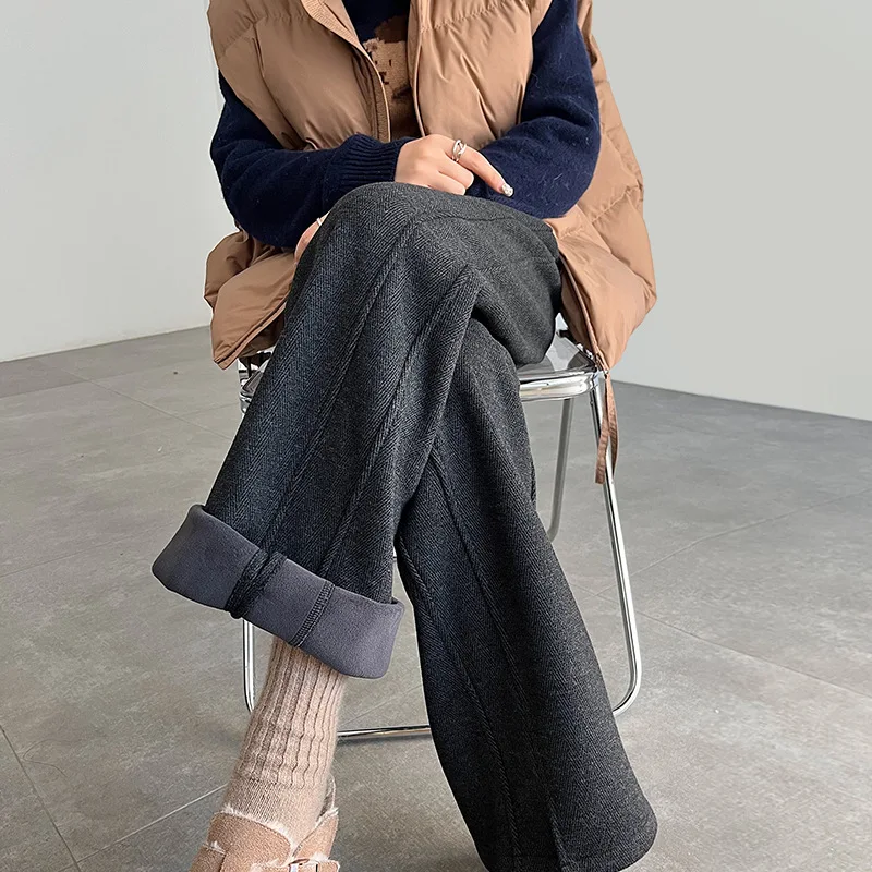 秋冬レディースヘリンボーンフリース裏地パンツカジュアル弾性ウエストストレートスリムフィットレギンスズボン男性服