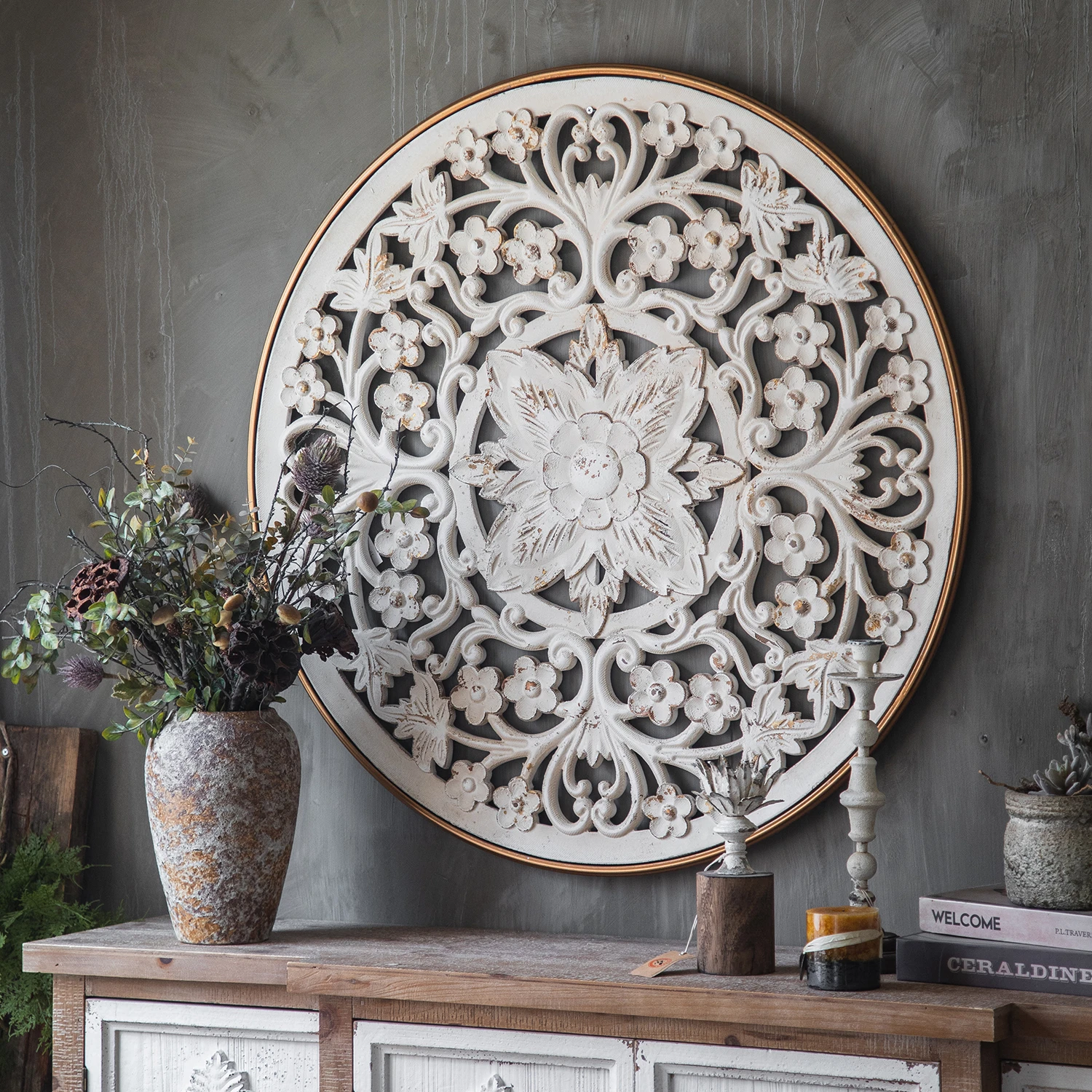 Antique White Wood Wall Finishes Handmade Home Decor Paneling Carved Circular Wall Finishes