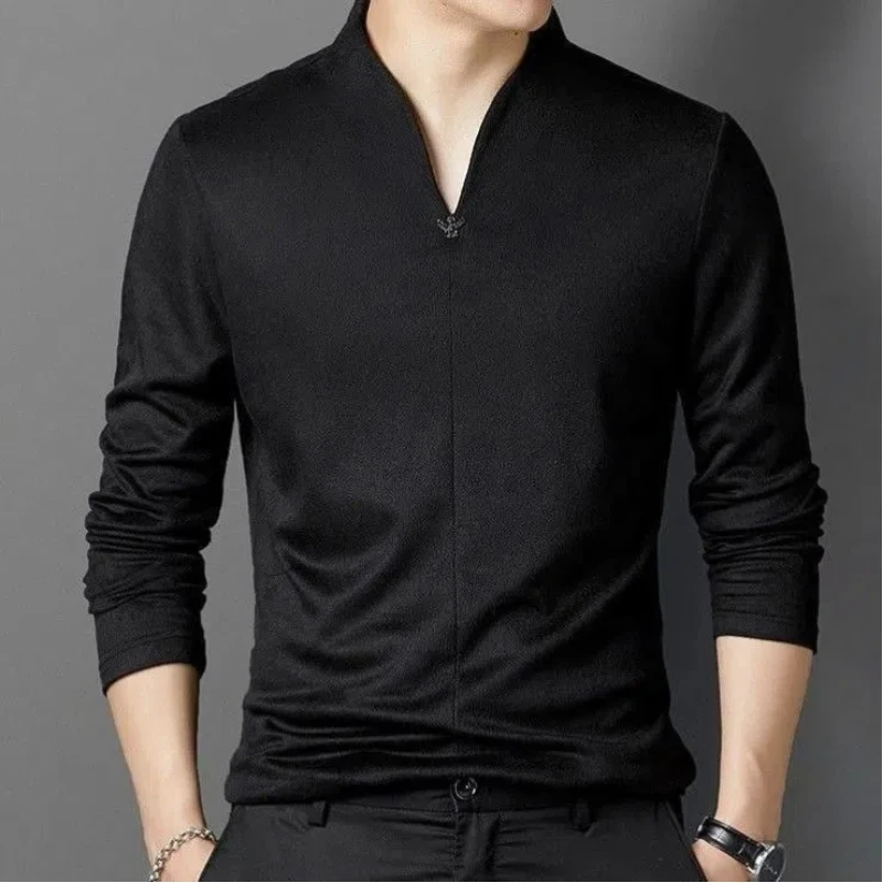 

Autumn Winter Korean Casual Breathable T-Shirts Men Slim Thermal Bottoming Shirt New V-Neck Long Sleeve Elastic Comfortable Tops