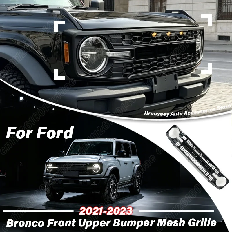 For Ford Bronco 2021 2022 2023 Front Bumper Hex Mesh Grille Honeycomb Radiator Mask with 3 Amber LED Marker Lights Car Body Kit