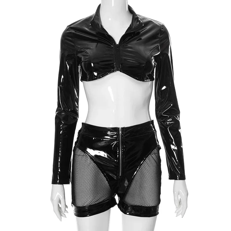 PU Leather 2 Piece Set Halloween Outfits Women Sexy Zipper Long Sleeve Jacket Crop Tops + Sheer Mesh Patchwork Shorts Clubwear