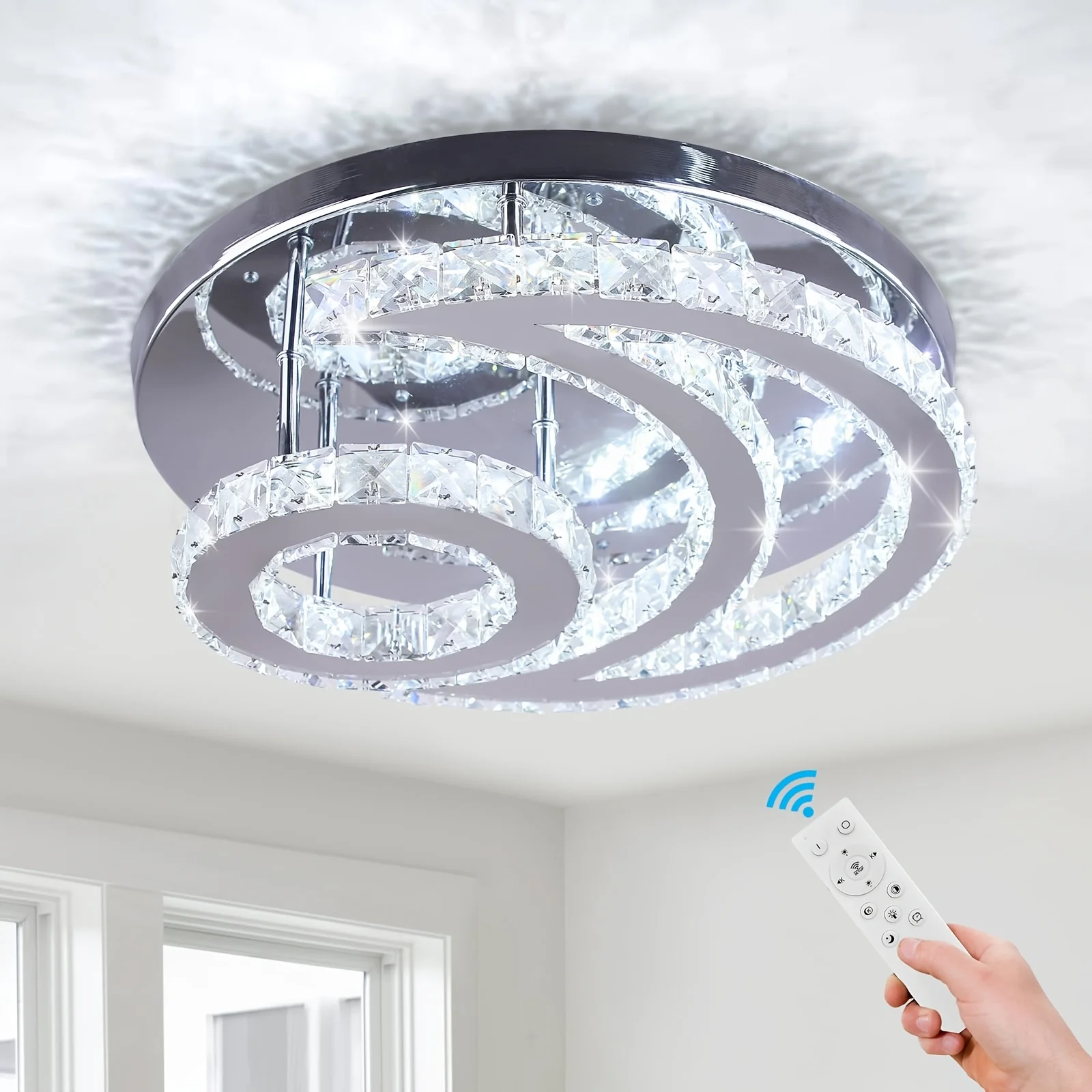 15.7" Moon Crystal Chandelier Ceiling LED (3 Color Changable) | 15.7 in round moon-shaped ceiling light with 3 selectable color temperatures and crystal accents, Chandeliers for Bedroom