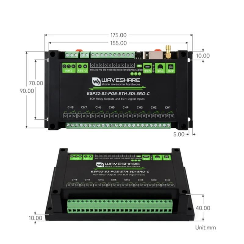 New-Waveshare Industrial 8CH Wi-Fi Network Relay ESP32-S3 ETH-8DI-8RO-C Support RS485 Bluetooth Or Wi-Fi Remote Control