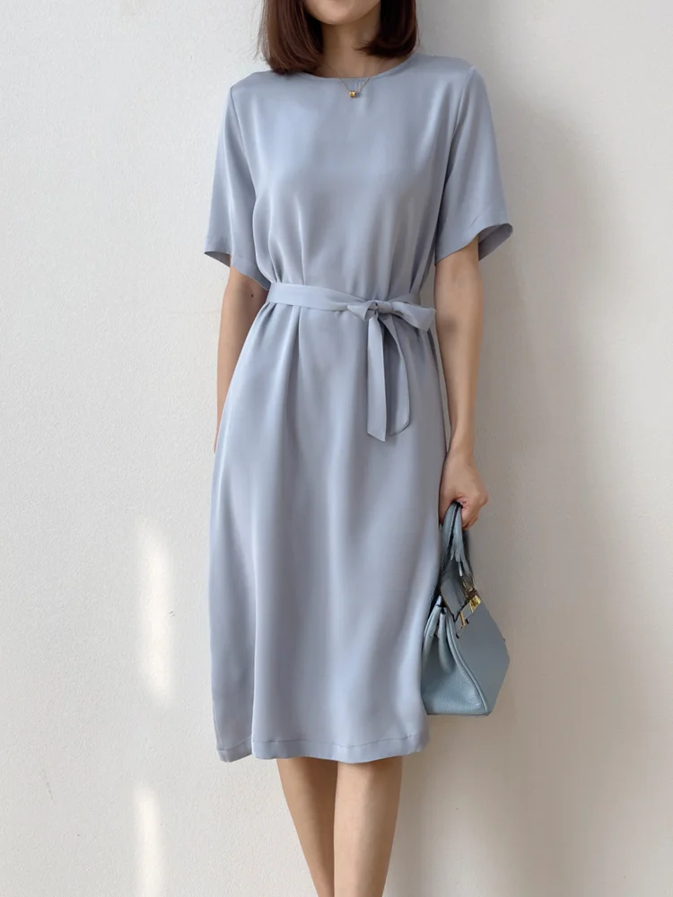 Women Silk Midi Dress 93% Mulberry Silk 7% Spandex 26 Momme Solid Colors Belt Waist O Neck Short Sleeve Dress M L XL XXL M1125