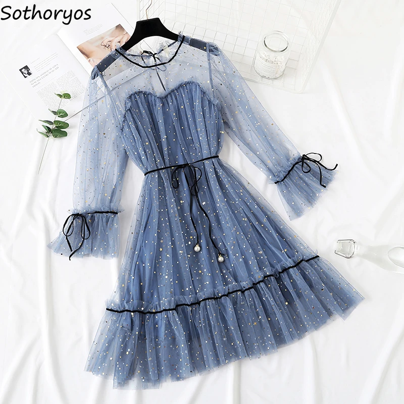 Spring Sweet Mesh Dresses Women Bling Sequin Korean Trendy Students Retro Tender Defined Waist Chic Feminine Long Sleeve Vestido