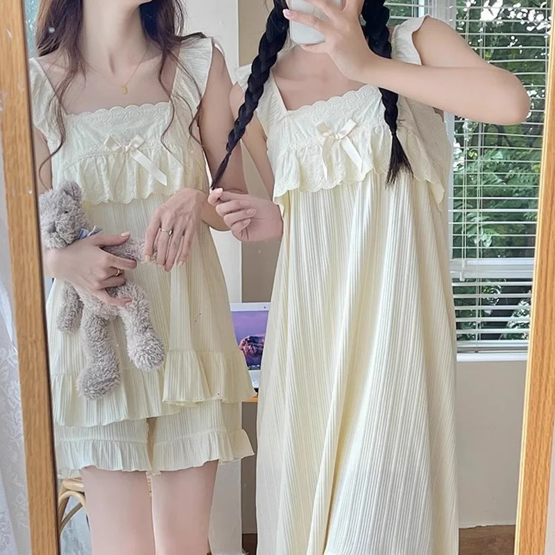 Summer Ladies Halter Nightgown Female Cute Court Style Teenage Undershirt Pajamas Female Summer Models Sweet Homewear Set