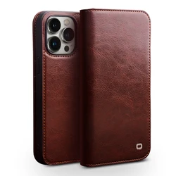 Qialino Brand Genuine Leather Flip Phone Cover Cases For Iphone 14 15 16 13 Pro Max Plus Real Cowhide Case Kickstand Card Pocket