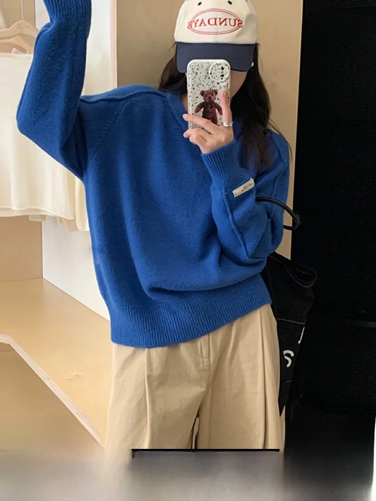 

Loose Fit Thiened round Ne Pullover Blue Sweater Women's Autumn Winter Warm Knitted Top GATTIBOR Commute Sle Faion