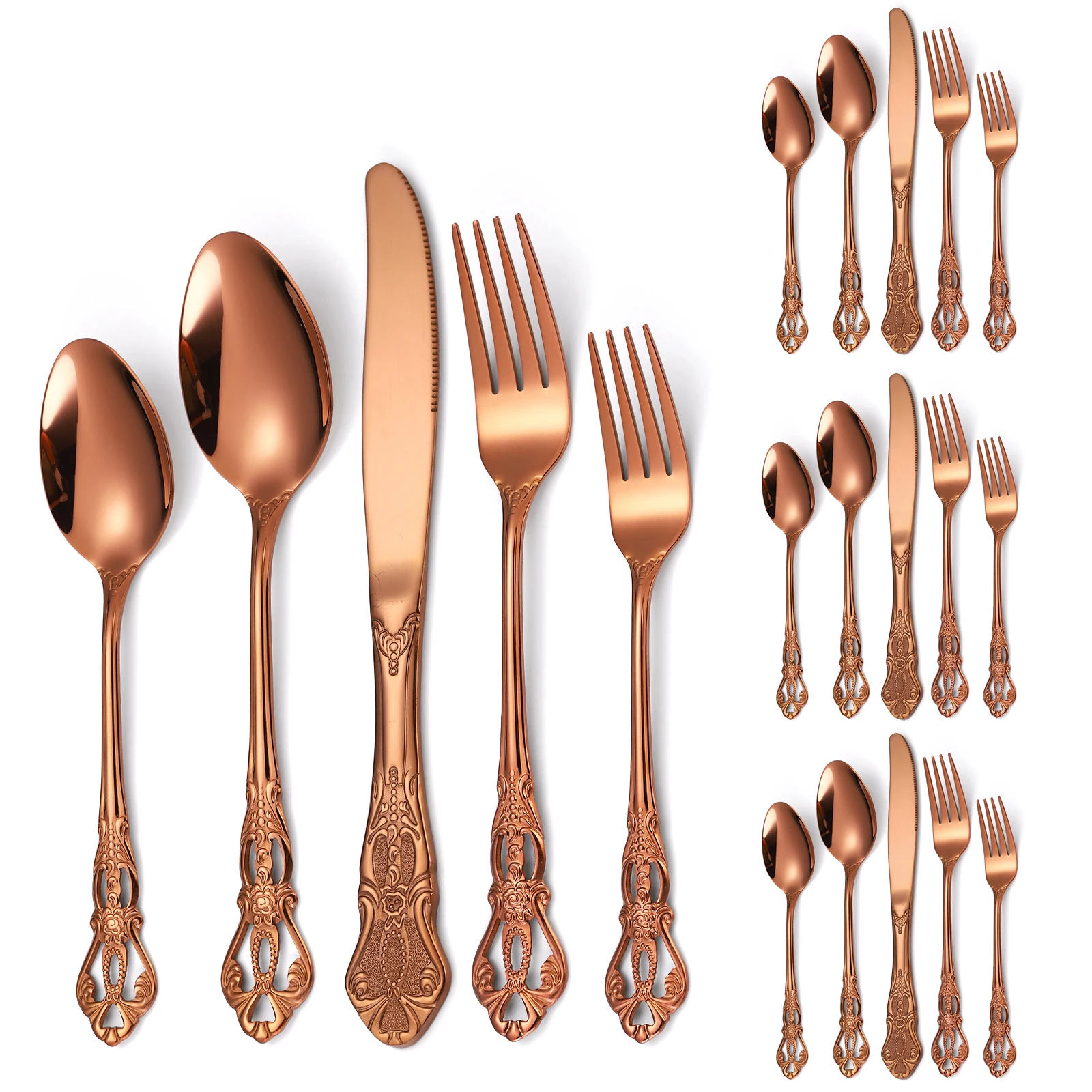 

A · HOUSEWARE Royal Flatware Set for 4 Rose Gold Silverware Stainless Steel Cutlery 20 Piece With Vintage Relief Deisgn Utensils