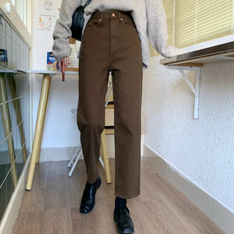 2024 Autumn New Women Trousers High Waist Oversize Pants Brown Straight Denim Vintage Slender Office Lady Jeans Female Casual