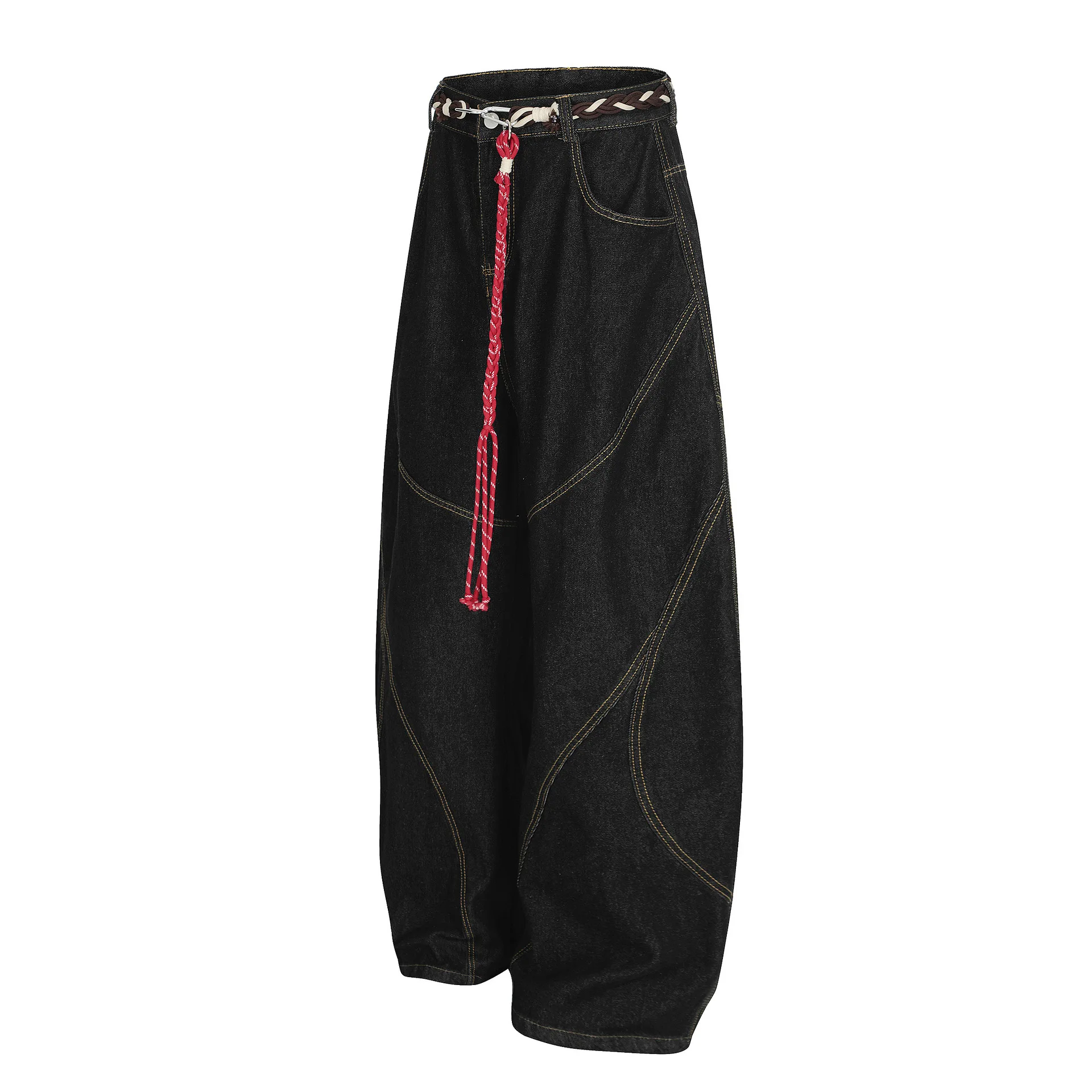 MWJLPWQ Retro Deconstructed Patchwork Washed Jeans Men New Straight American Vibe Style Curved Denim Wide-Leg Casual Pant 20538