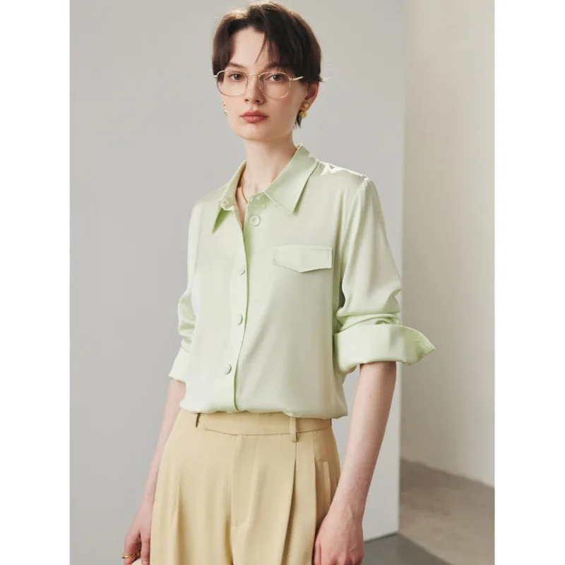 

Spring Summer 90% Real Silk Shirts Women 19mm Long Sleeve Solid Color Pocket Shirt