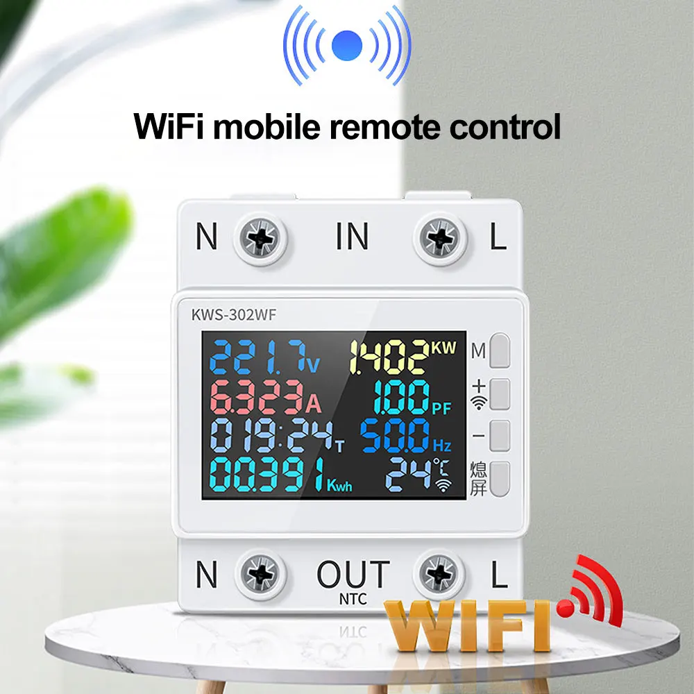 KWS-302WF Digital Energy Meter 0-9999KWH Multifunction Din Rail Power Meter KWH Meter AC170-300V LED Display Voltage Ammeter