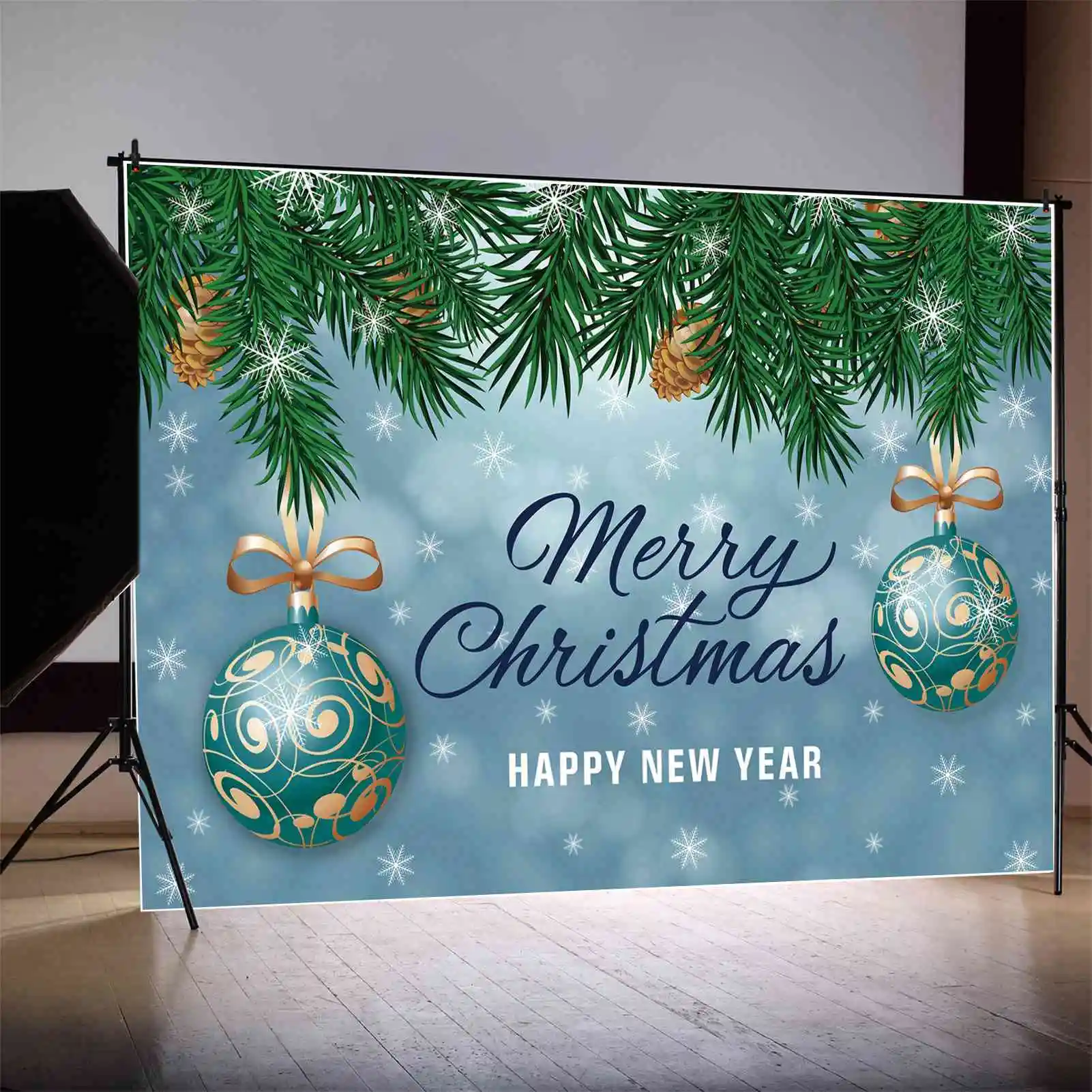 MOON.QG-Feliz Natal Banner Backdrop, Céu De Neve Azul, Decoração Do Partido Do Bebê, Fundo Verde Pinheiro Bola De Floco De Neve, Photo Booth