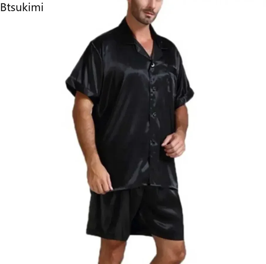 2024 Men's Summer Pajamas Sets Comfortable Satin Silk Short Sleeve Homewear Two Piece Sets Tops+Shorts Male Solid Sleepwear Suit