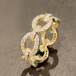 Huitan Chain Linked Design Finger Rings for Women Full with Dazzling Cubic Zirconia Statement Female Wedding Accessories Jewelry