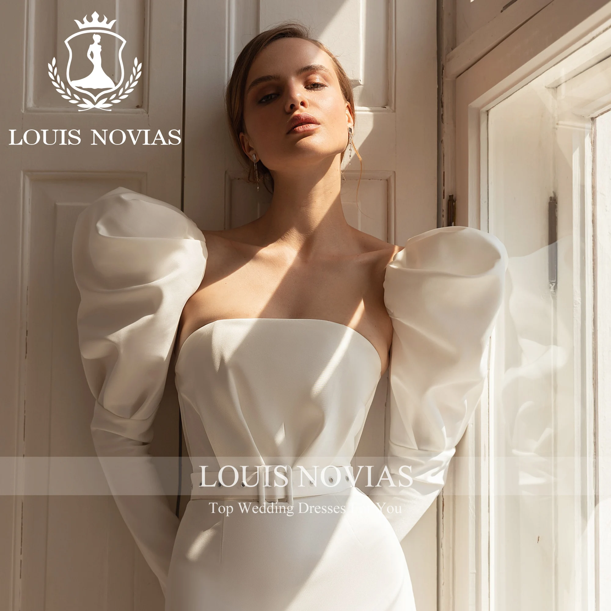 LOUIS NOVIAS 인어 긴 퍼프 슬리브 웨딩 원피스 2023, 모던 스트랩리스 벨트, 무릎 위 새틴 웨딩 가운