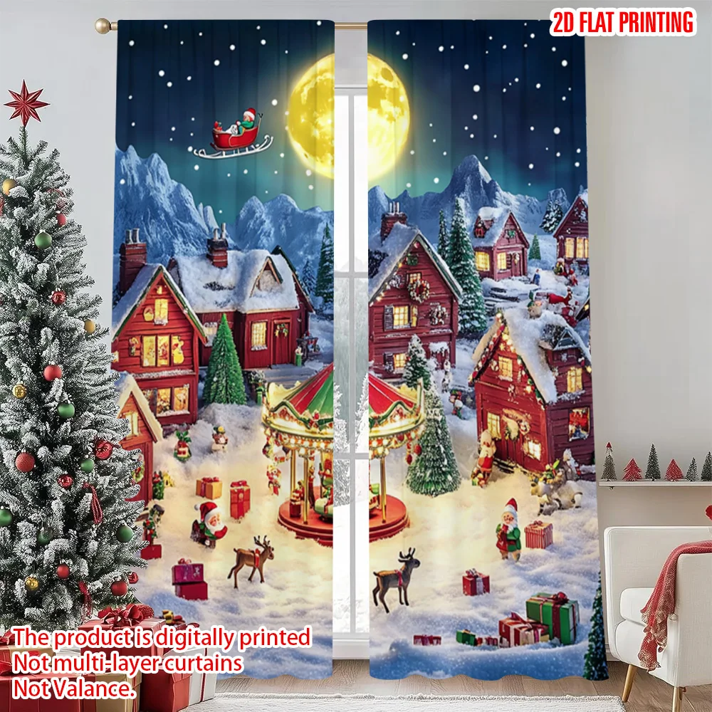 

2pcs 2D flat printing Merry Christmas Popular Curtains Includes Santa Claus_ reindeer and snow mountains Versatile Durable