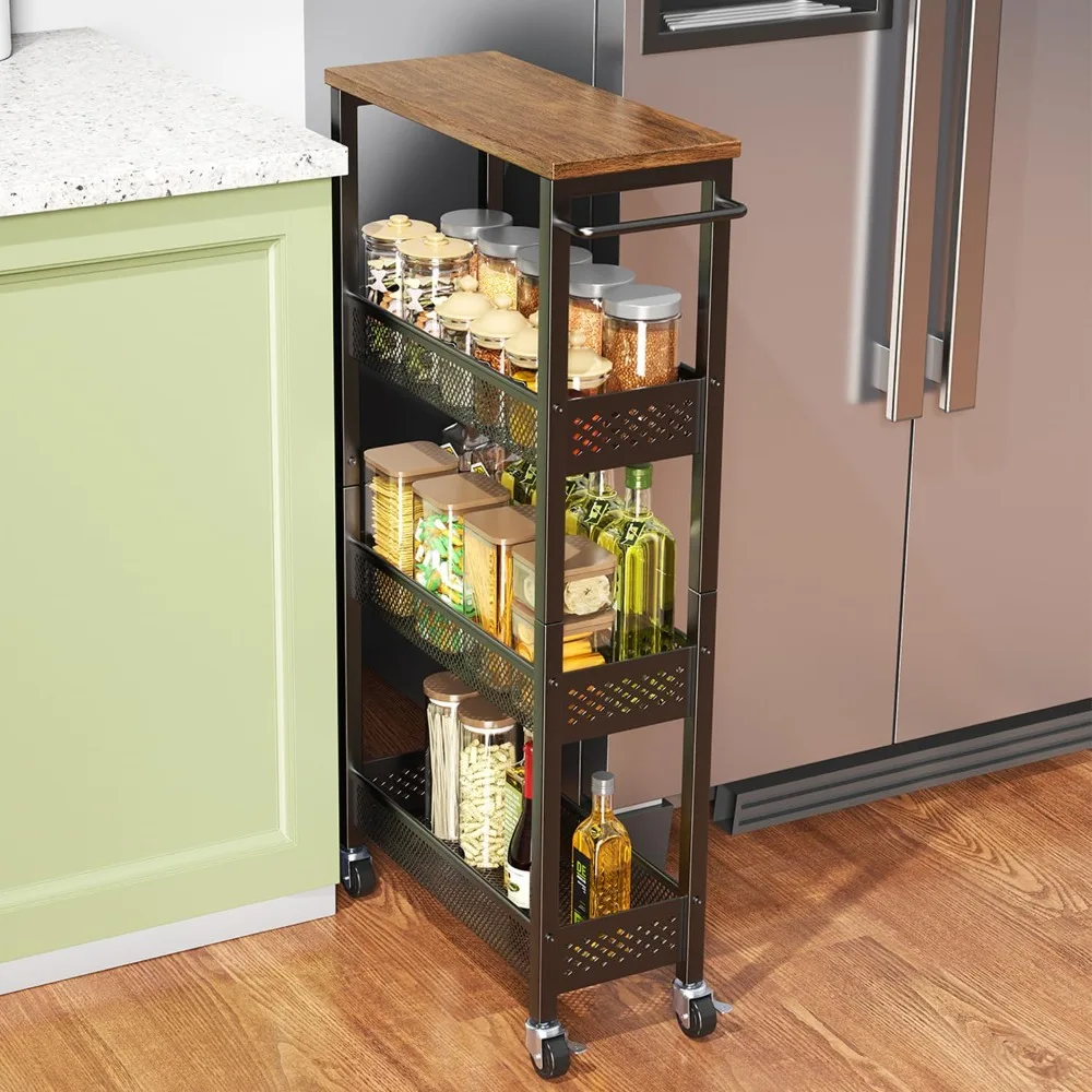 

Slim Storage Cart 4 Tier Narrow Kitchen Rolling Cart on Wheels for Small Space,Mobile Utility Cart Shelving Unit with Wooden Top