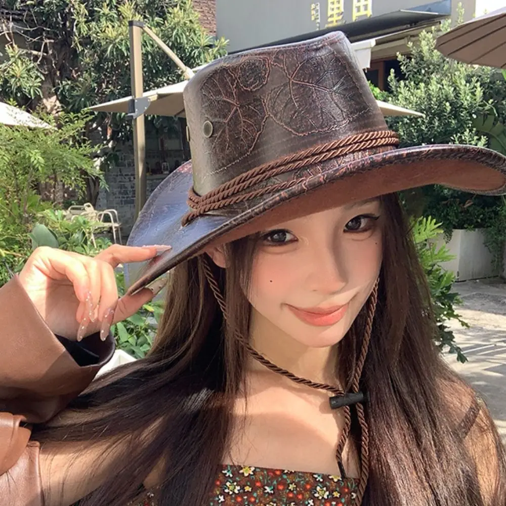 بارد العرقية نمط قبعات رعاة البقر الغربية قبعة واسعة حافة البوليستر راعية البقر الجاز قبعة أسود/بني لفة حافة فارس قبعة الحماية من الشمس